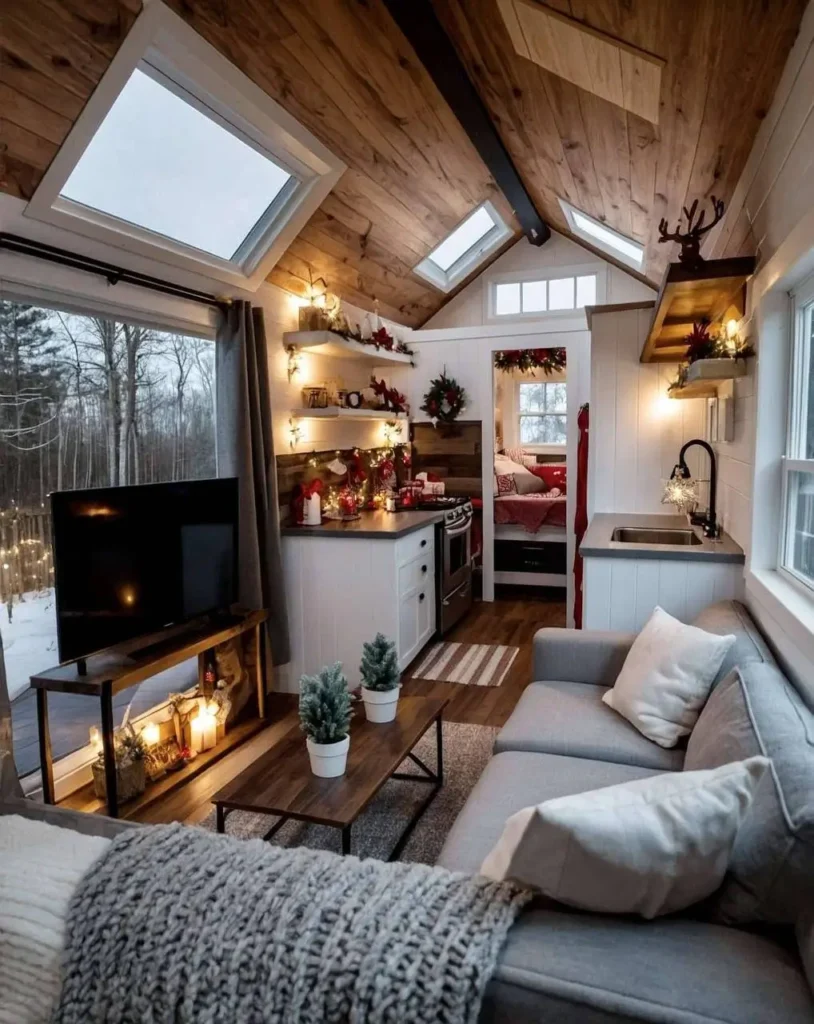 Tiny house interior with wood ceiling, white walls, and skylights.