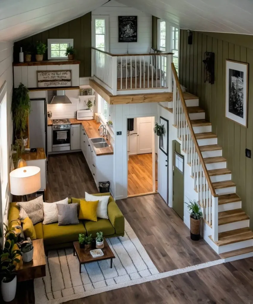 Tiny house interior with olive green walls and white trim.