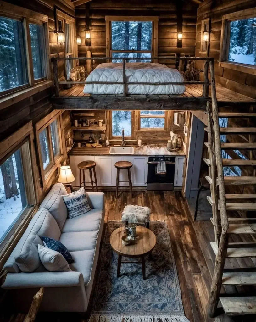 Tiny house interior with log cabin aesthetic and warm wood tones.