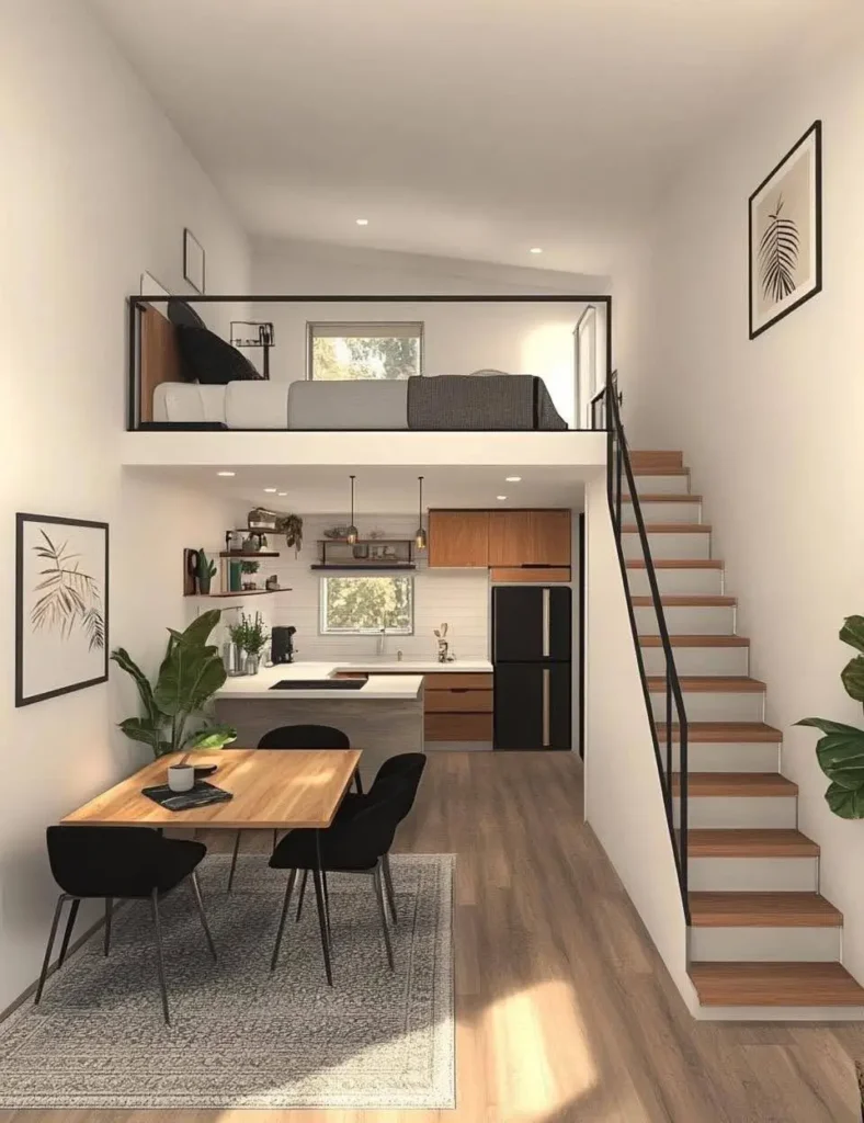 Tiny house interior with minimalist design and neutral colors.