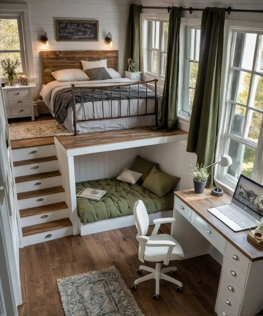 Tiny house interior with lofted bed, sleeping nook, and desk area.