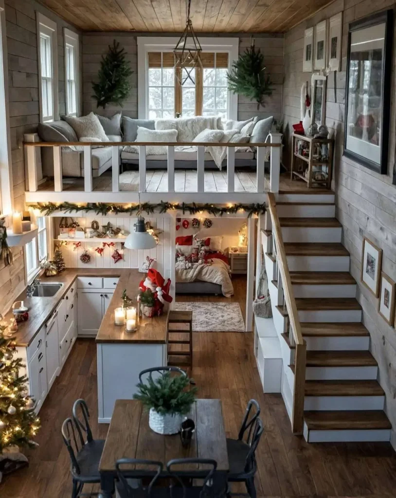 Tiny house interior with separate living areas and holiday decorations.