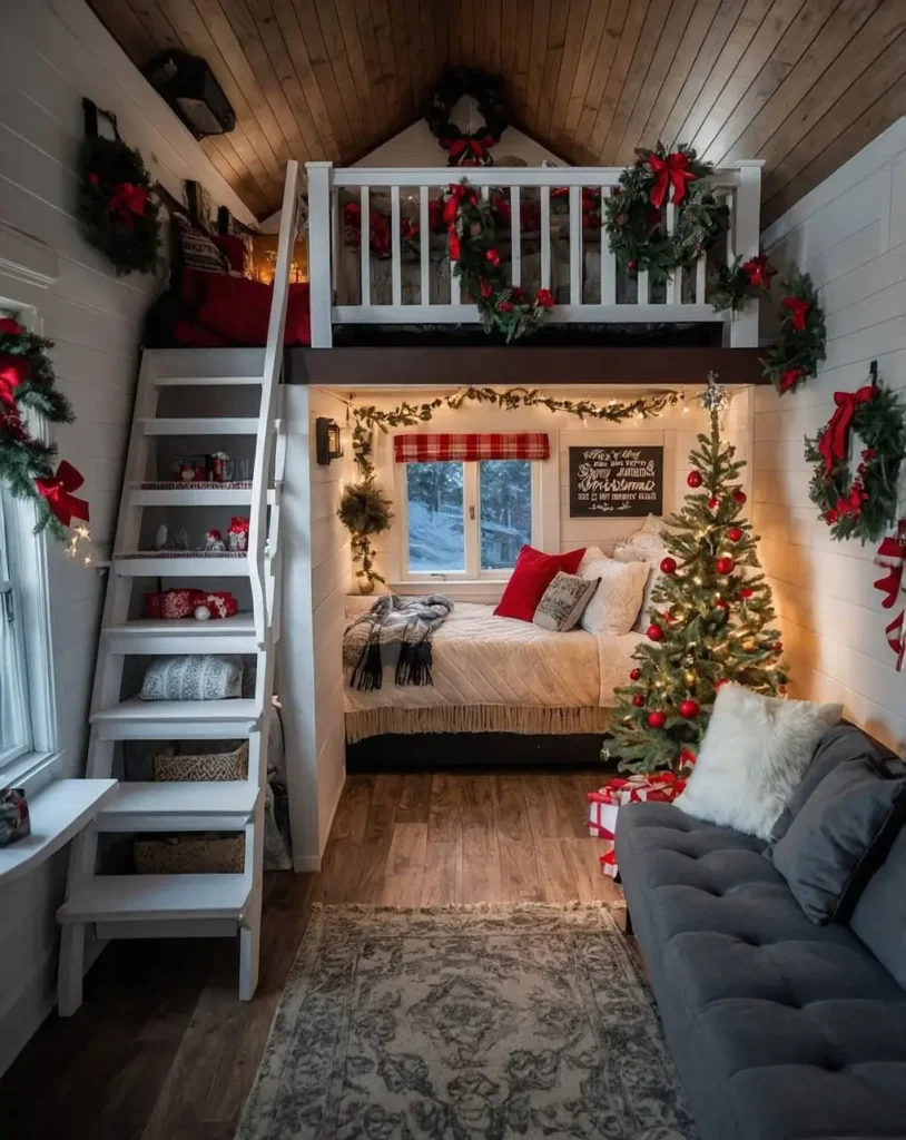 Tiny house interior with ladder to loft, holiday decorations, and a Christmas tree.