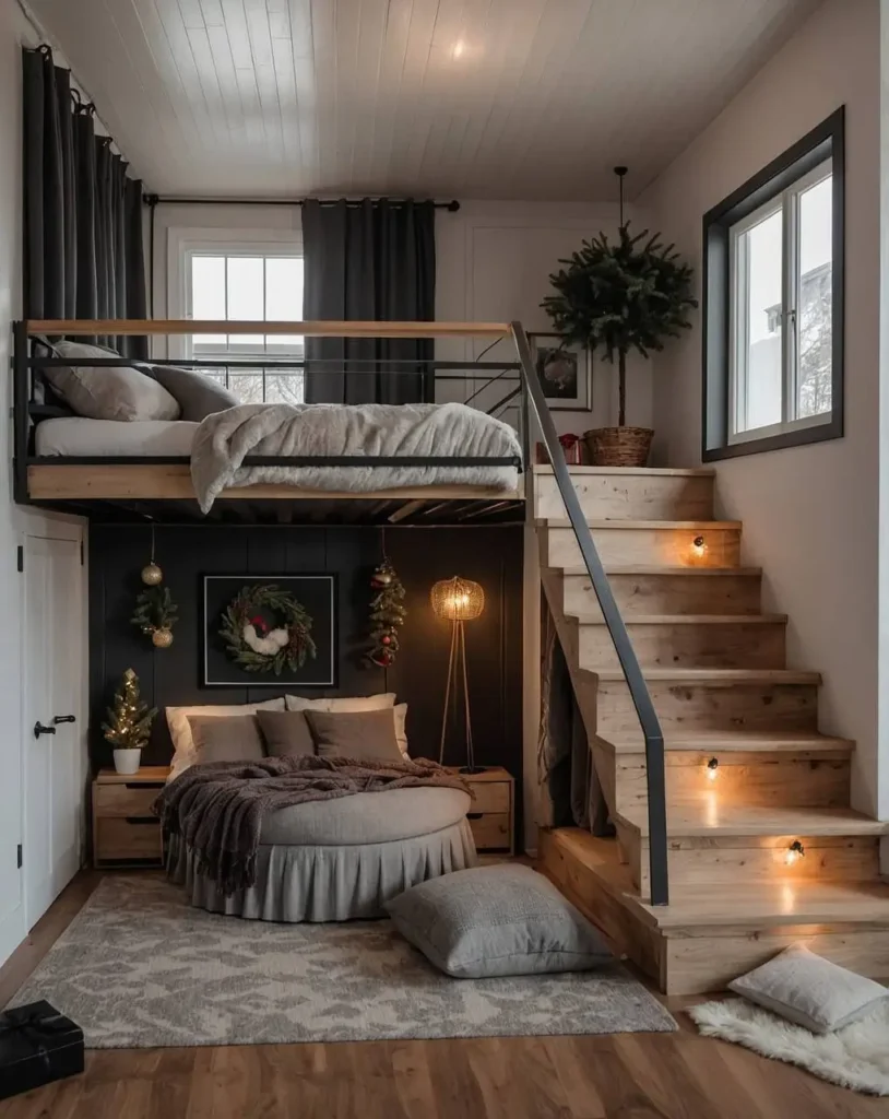 Tiny house interior with stair lighting and a dark accent wall.