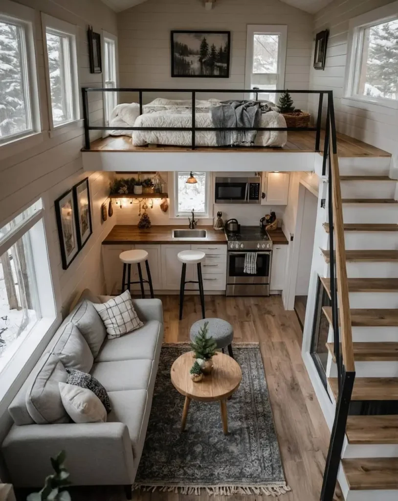 Tiny house interior with metal railing on loft.