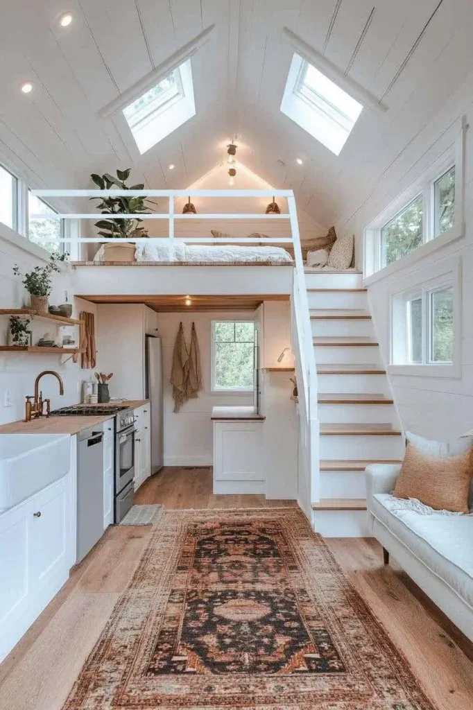 Tiny house interior with large statement rug.