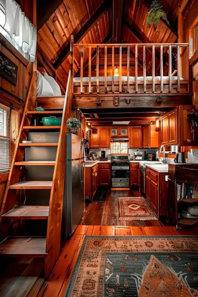 Tiny house interior with rich wood tones throughout.