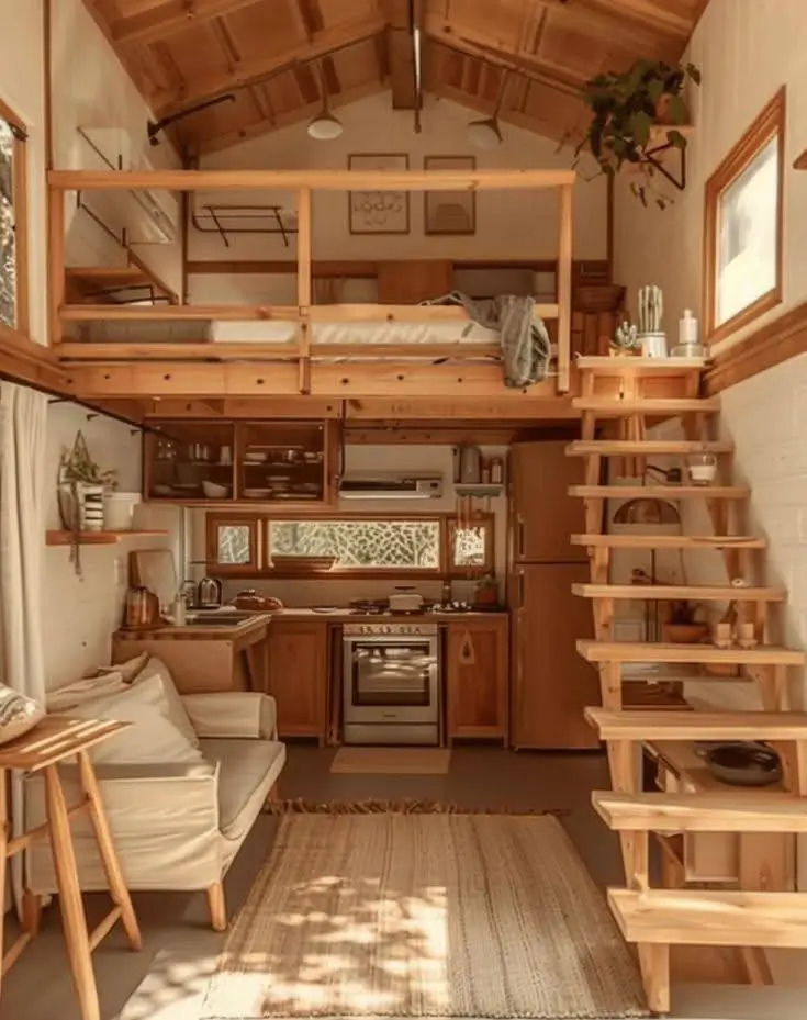 Tiny house interior with light wood loft and built-in shelving.