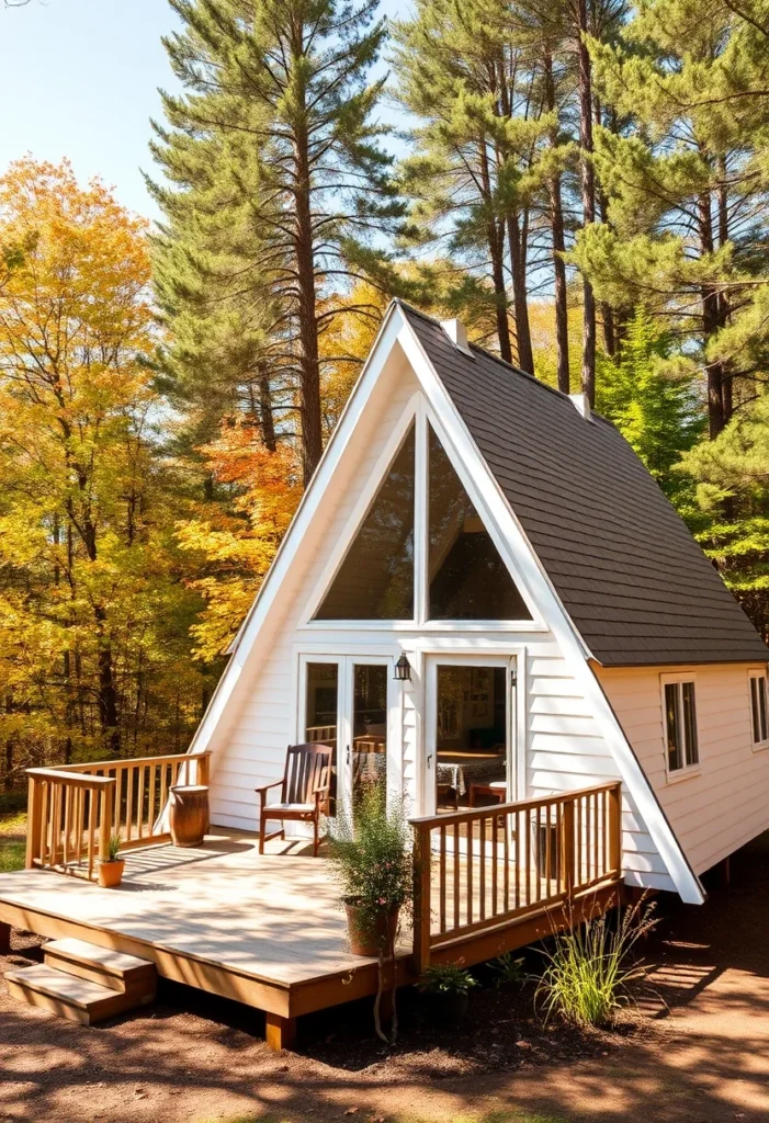 White A-frame cabin with a wooden deck, large glass windows, and natural surroundings.