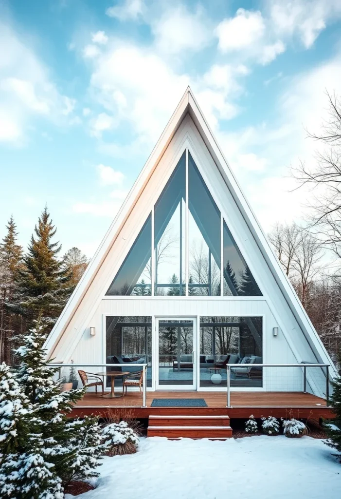 White A-frame cabin with large glass windows, wooden deck, and snowy surroundings.