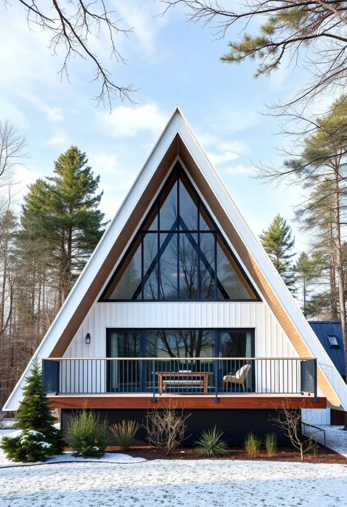 White A-frame cabin with black railings, wood accents, and floor-to-ceiling windows.