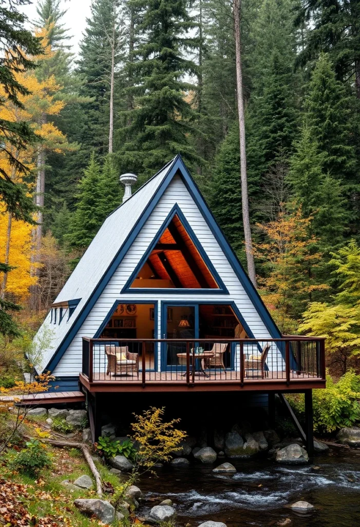 White A-frame cabin with navy trim, elevated deck, and riverfront setting.