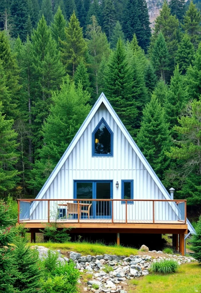 White A-frame cabin with blue trim, large deck, and forest backdrop.