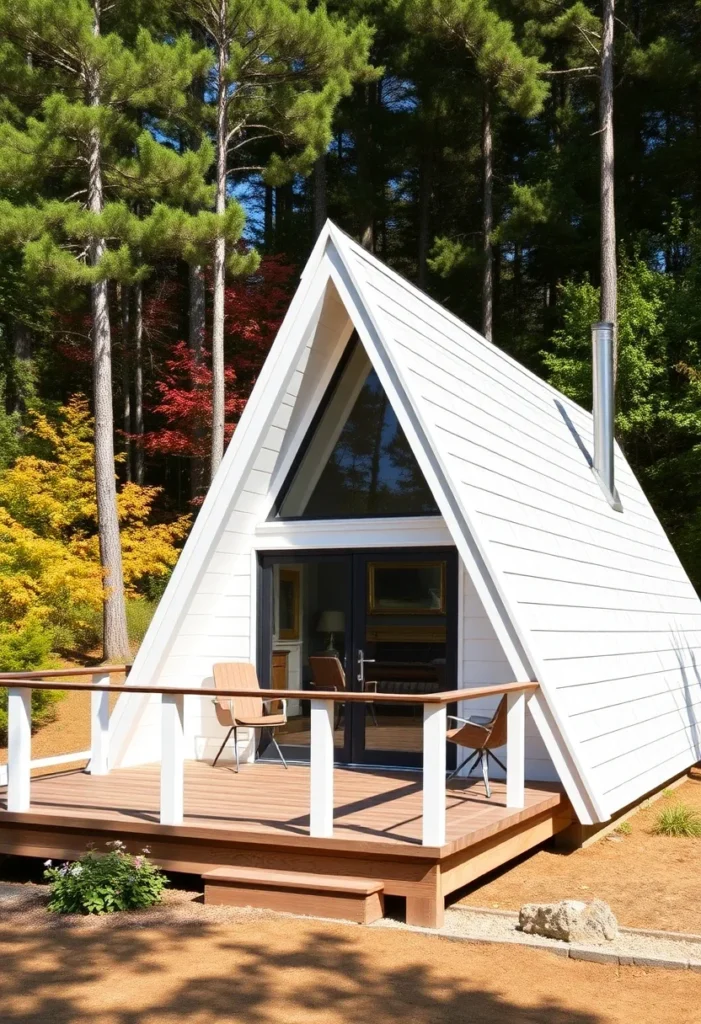 White minimalist A-frame cabin with black-framed glass doors and a wooden deck.