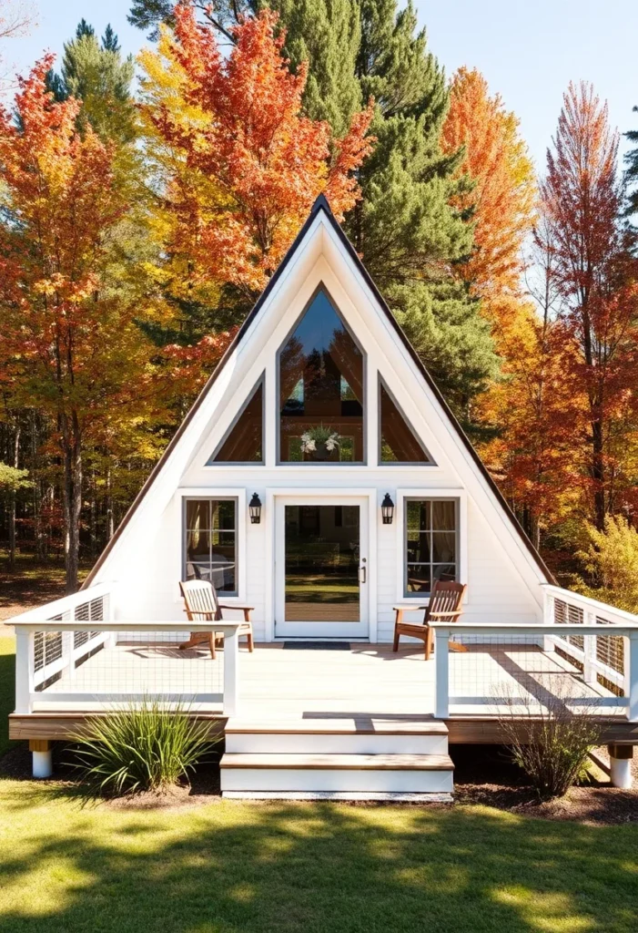 White A-frame cabin with large glass windows and a spacious wooden deck.