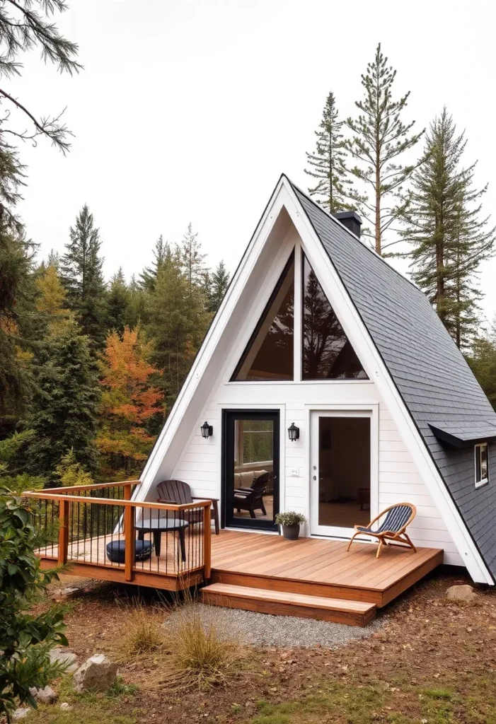 Modern white A-frame cabin with a black roof and wooden deck.