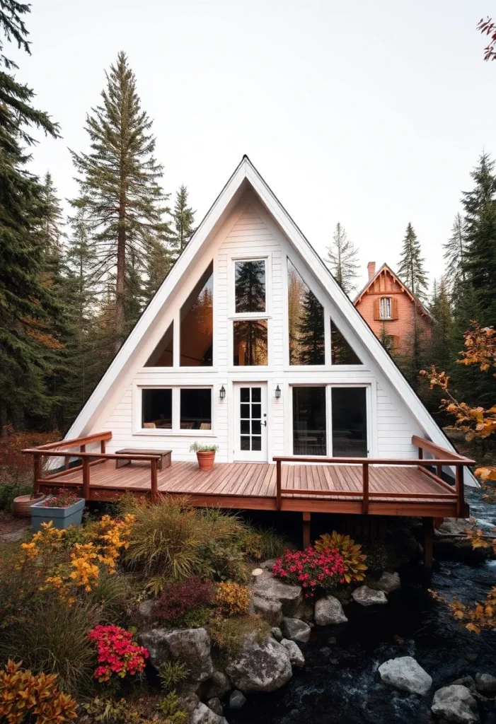 White A-frame cabin with a wooden deck by a river.