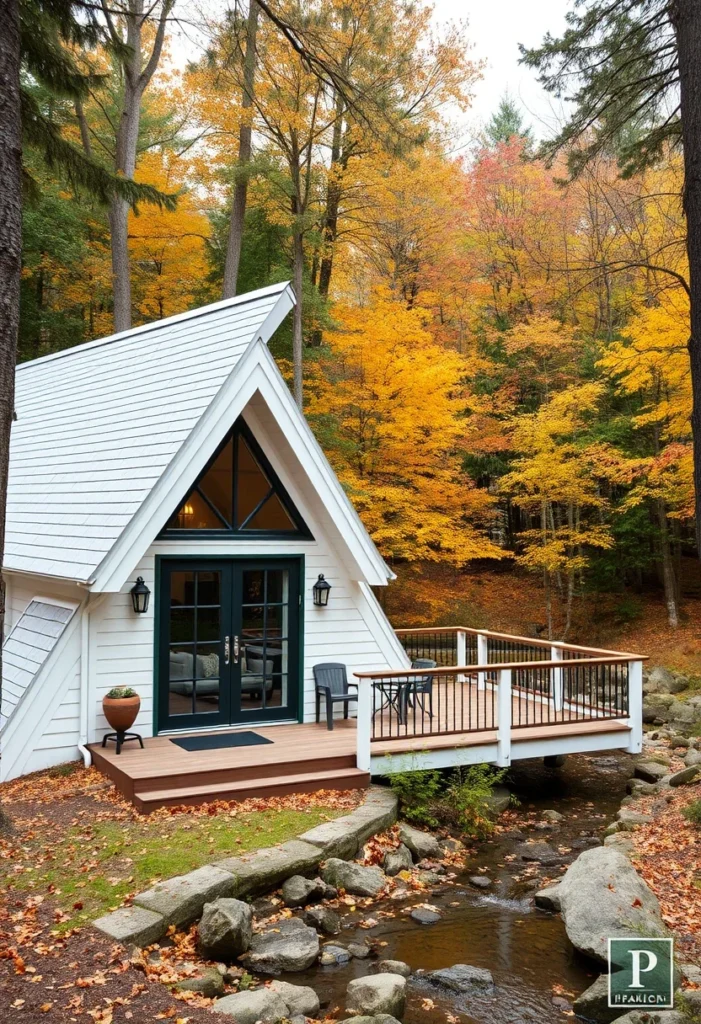 White A-frame cabin with black doors and a deck over a stream.