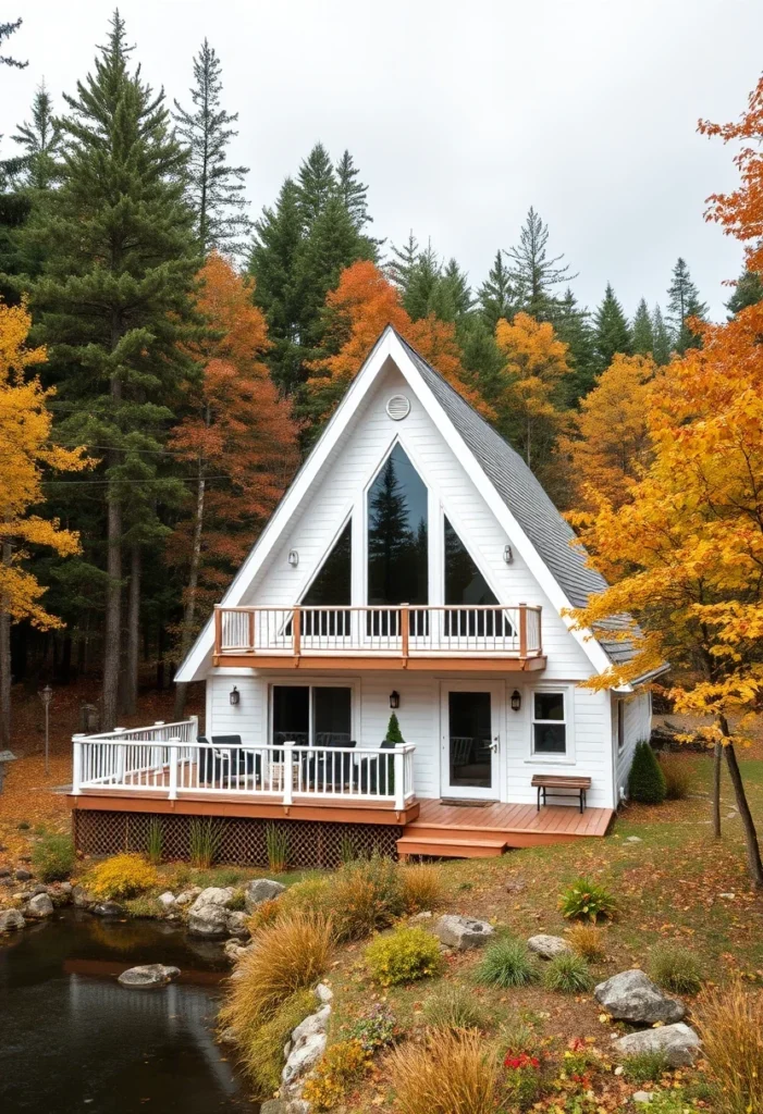 White A-frame cabin with two balconies and a deck by a pond.