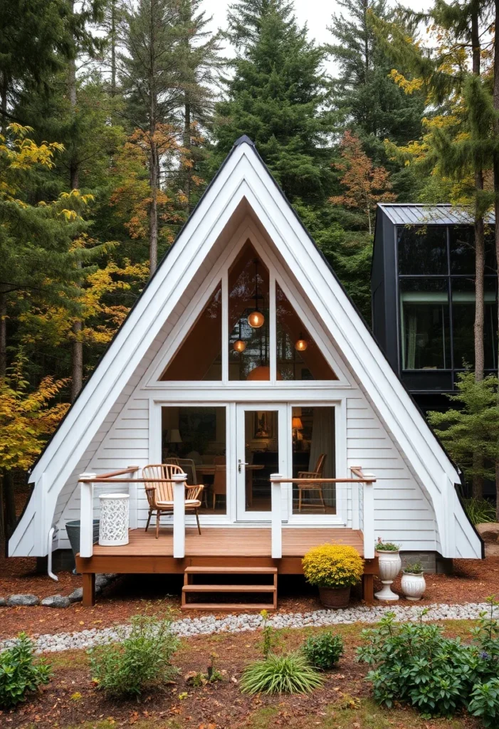 White A-frame cabin with wooden deck, large glass doors, and warm glowing interior.