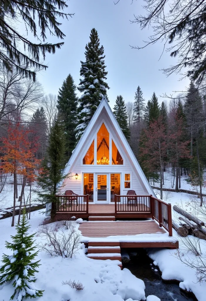 Cozy white A-frame cabin with warm lighting in a snowy forest.