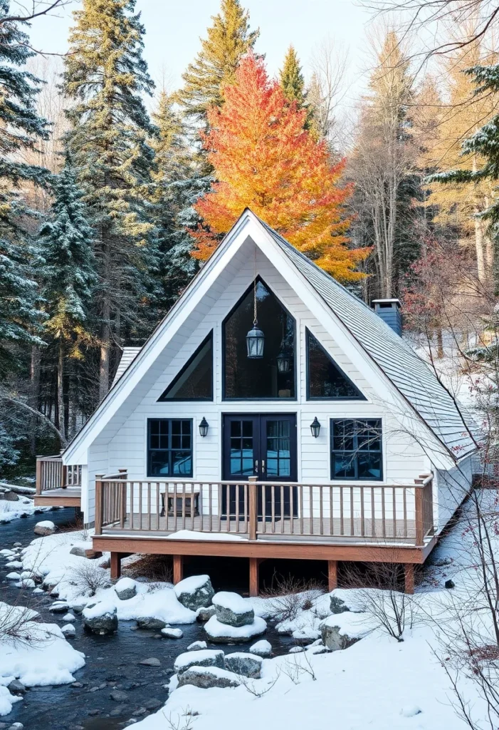 Cozy white A-frame cabin by a snowy river with black-framed windows.