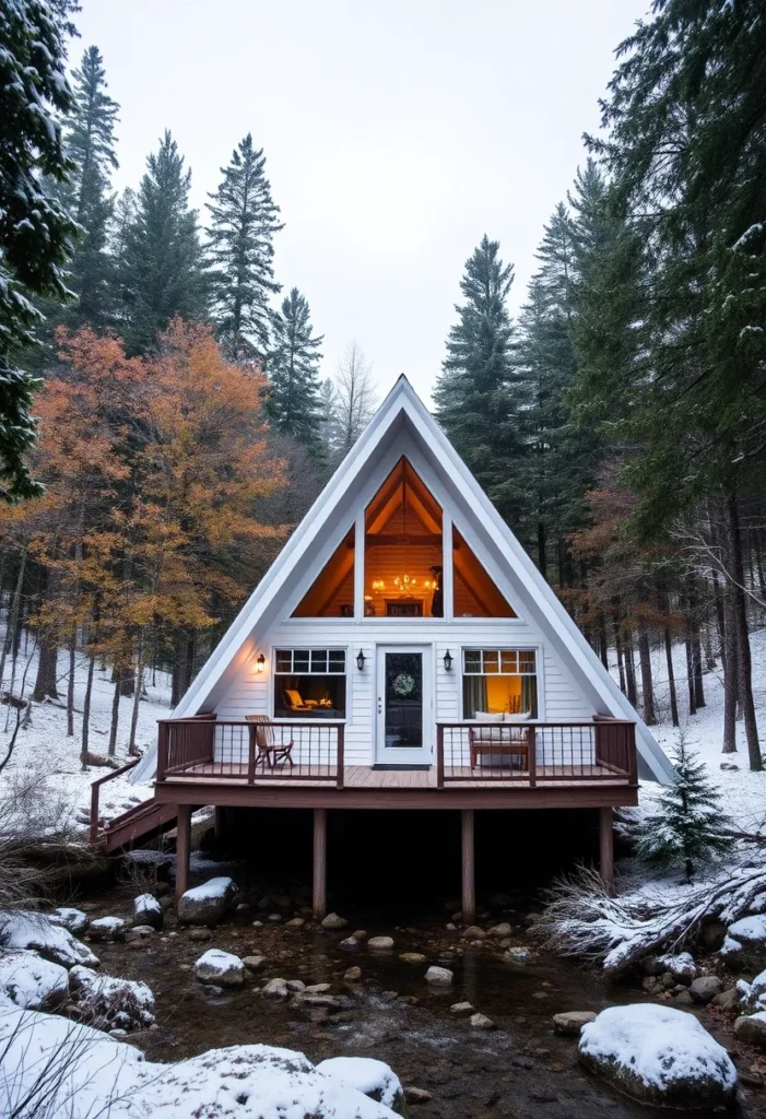 Cozy white A-frame cabin with warm interior lighting in a snowy forest.