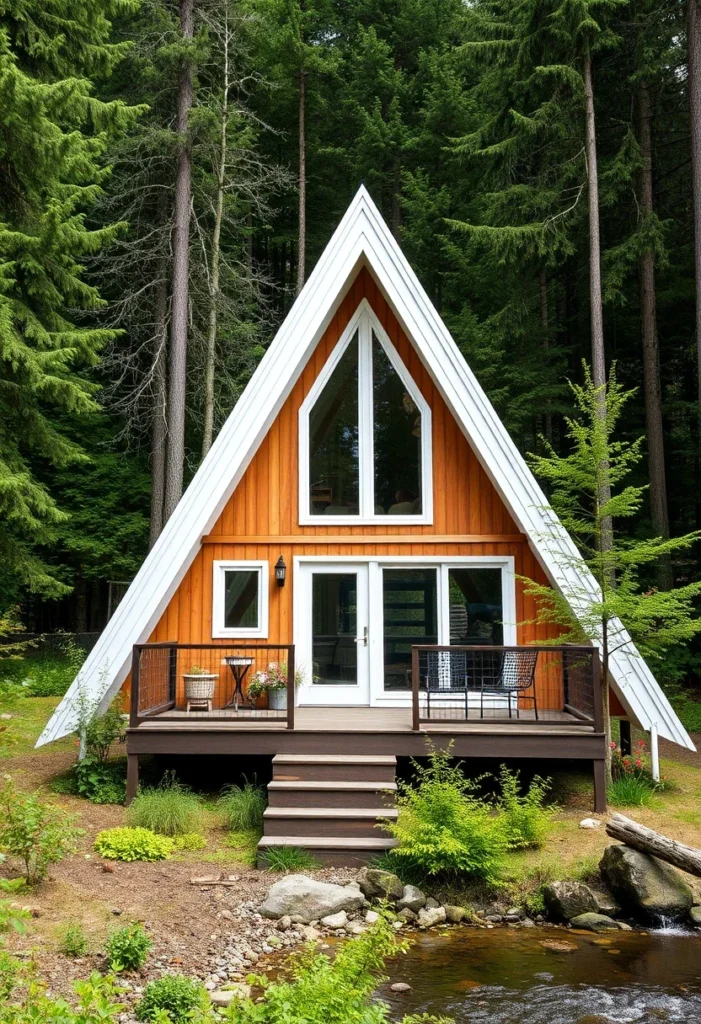 White A-frame cabin with wood accents and large windows by a creek.