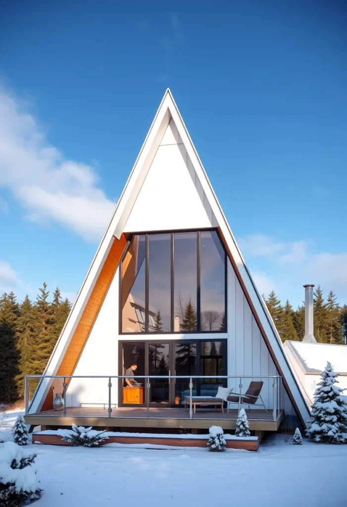 Modern A-frame cabin with floor-to-ceiling windows in a snowy setting.