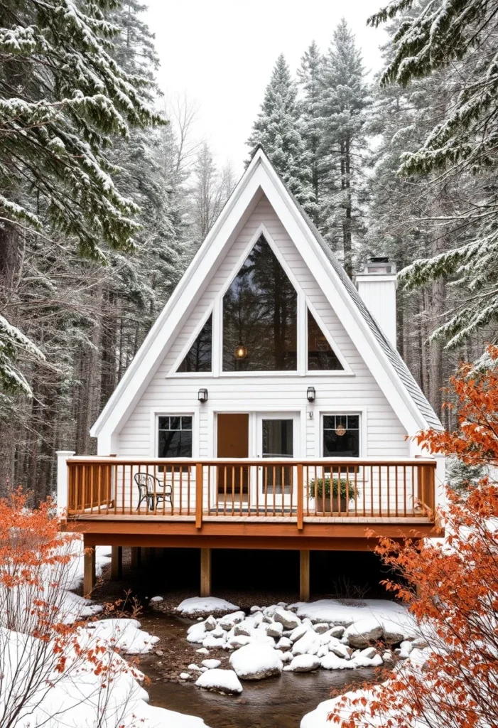 Snow-covered white A-frame cabins with a wooden deck in a winter forest.