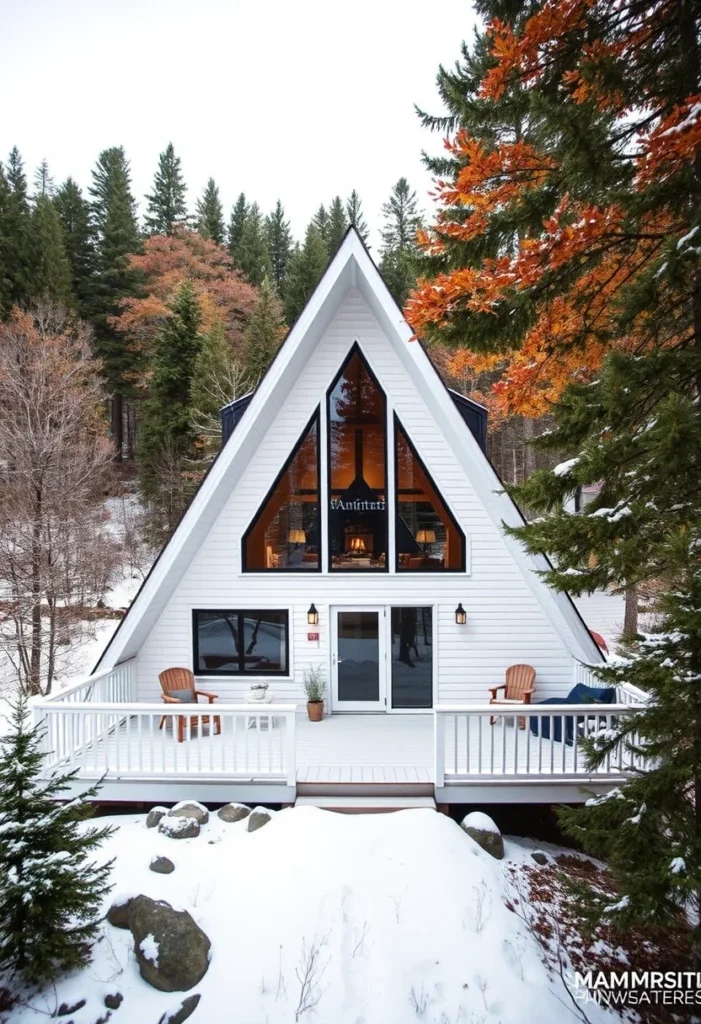 A-frame cabin with a white exterior, large glass windows, and a snowy landscape.