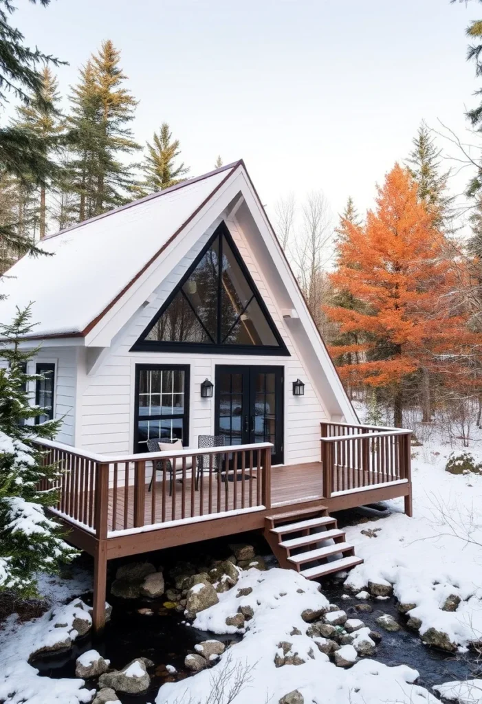 A-frame cabins with a snow-covered landscape, black-framed windows, and a wooden deck over a creek.