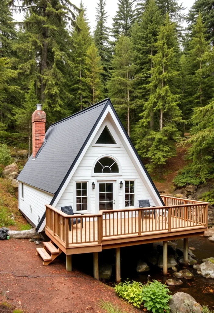 A-frame cabins with a black roof, brick chimney, and wooden deck extending over a creek in a forest setting.