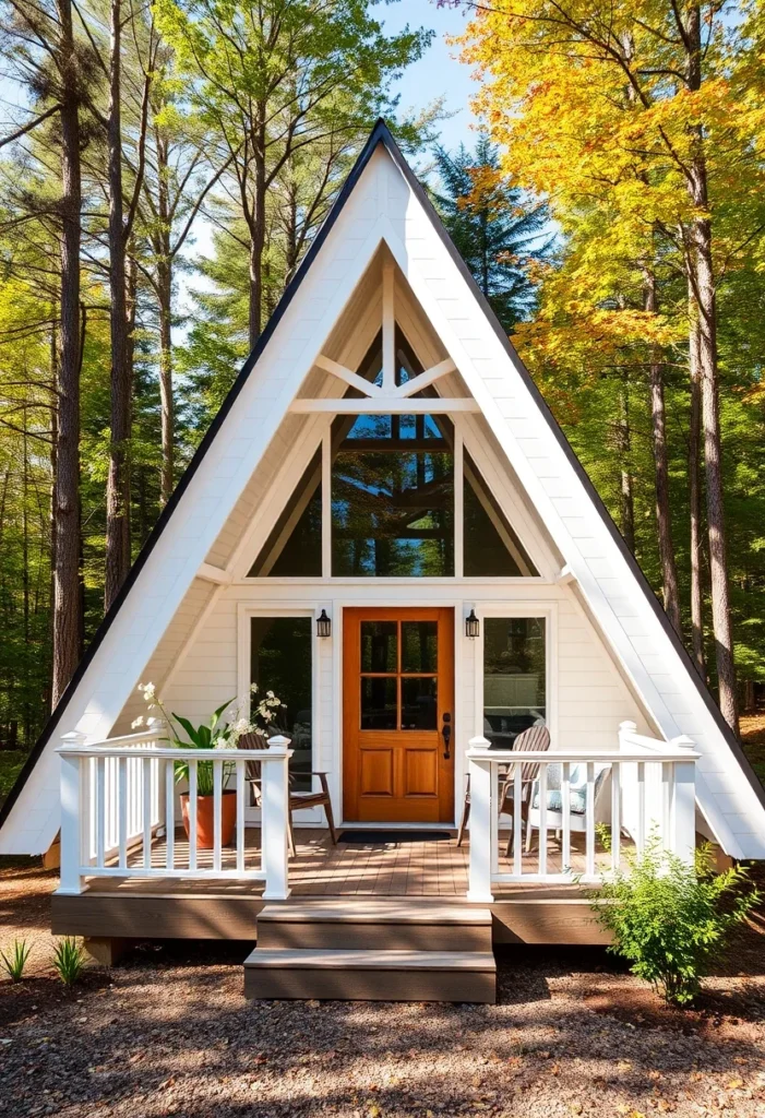 White A-frame cabins with a wooden front door, glass windows, and a cozy porch surrounded by a forest.