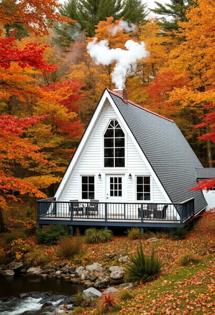 White A-frame cabin with chimney, black-trimmed deck, and autumn foliage.