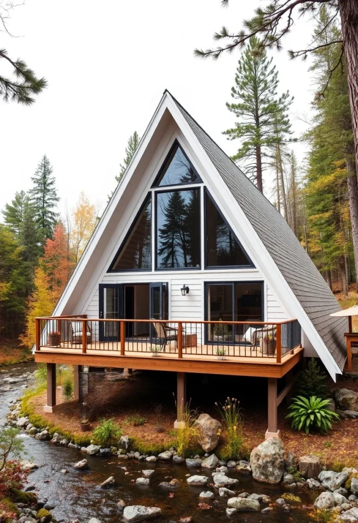 Modern A-frame cabins with large windows, a wooden deck, and a scenic riverside view.