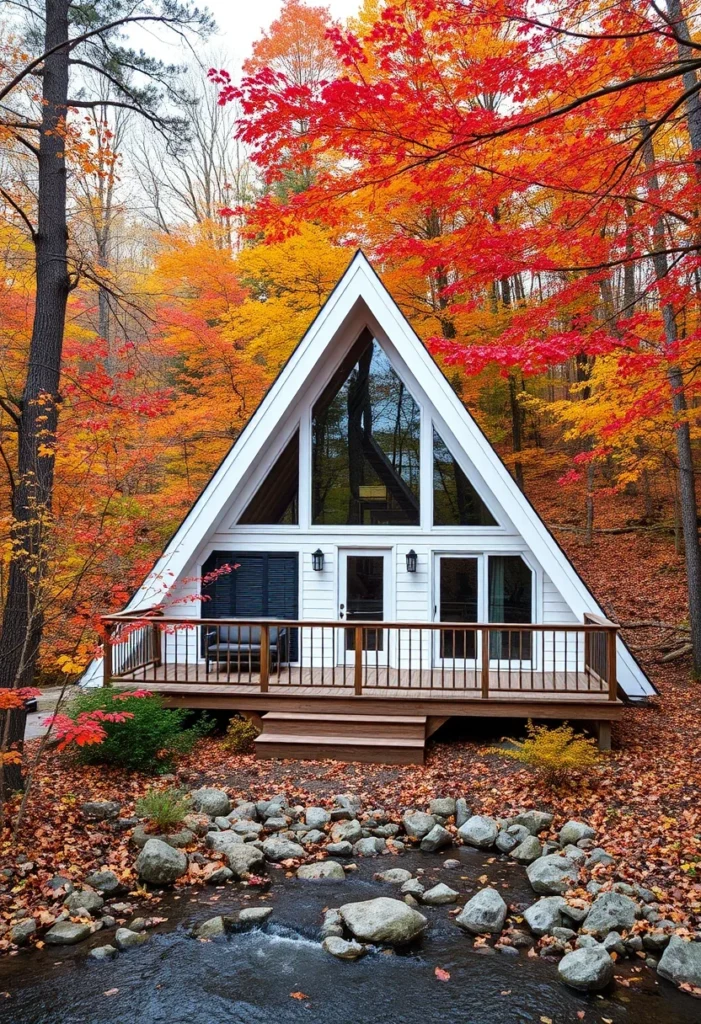 White A-frame cabins with a wooden deck, surrounded by vibrant red and orange autumn leaves near a rocky stream.