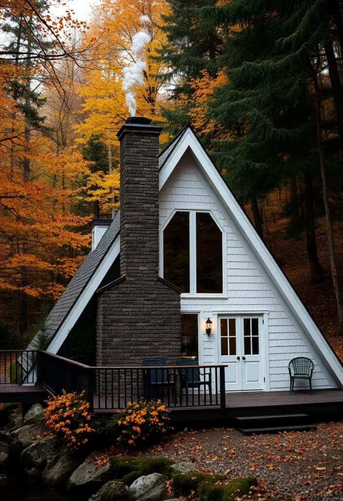 White A-frame cabin with stone chimney, black-trimmed deck, and autumn foliage.