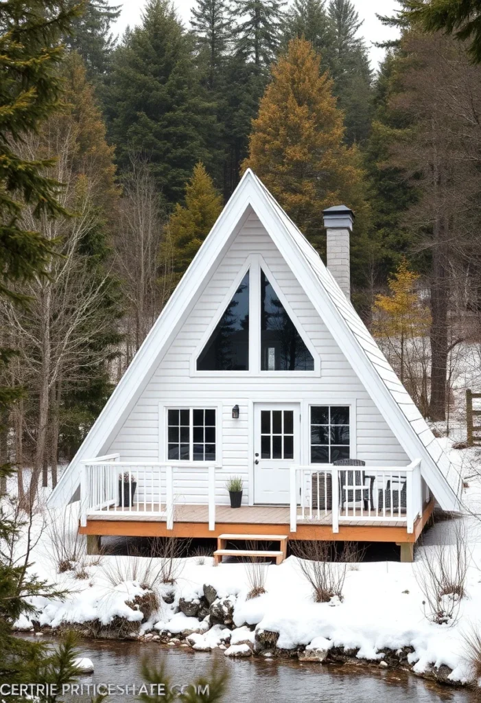 White A-frame cabin with snow-covered landscape, large glass windows, and stone chimney.