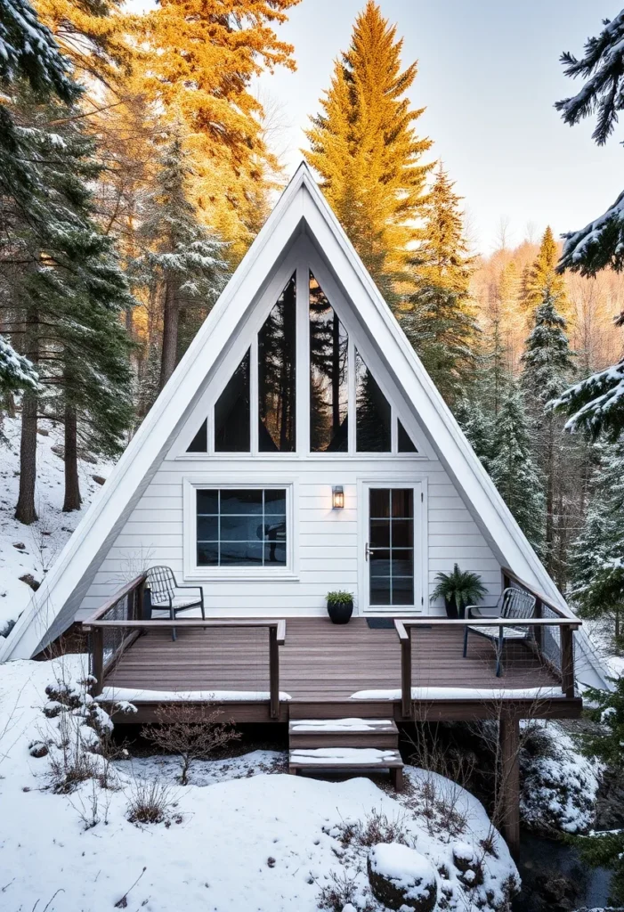 White A-frame cabin with large windows, wood deck, and snow-covered forest.