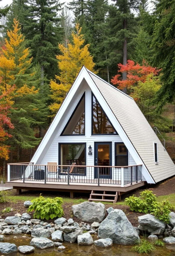 White A-frame cabin with large windows, black railing, and a wooden deck by the water.