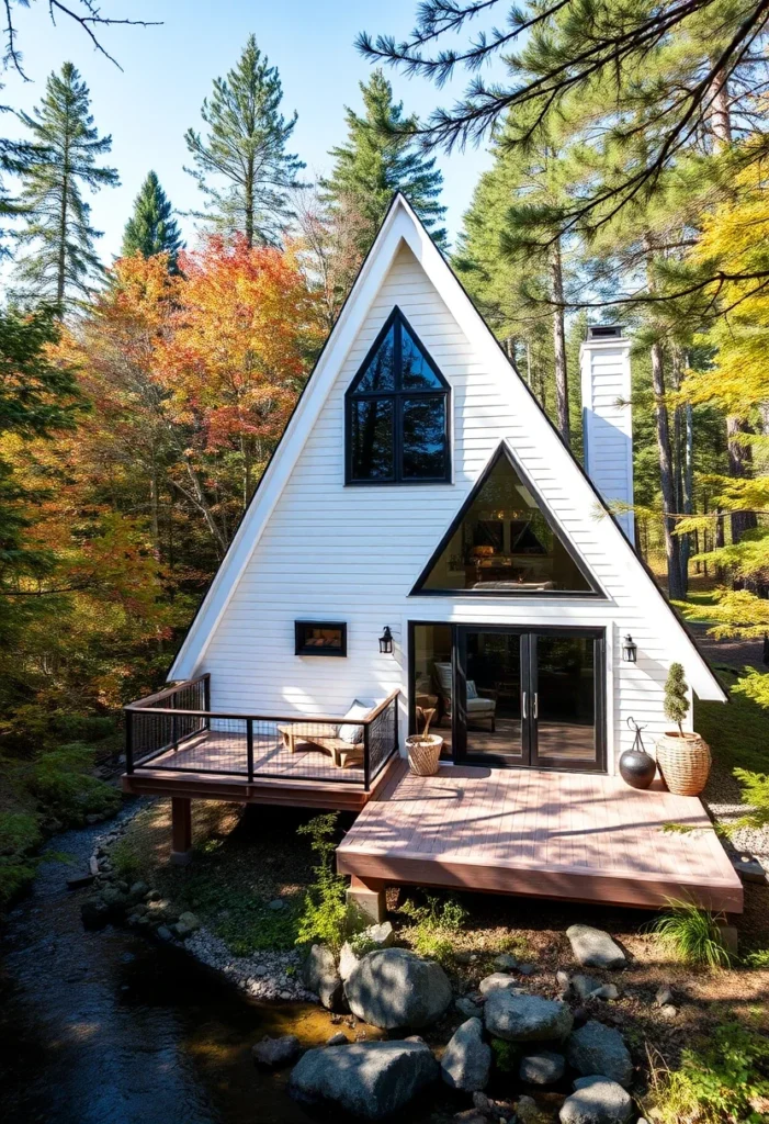 White A-frame cabin with black trim, large glass windows, and a wooden deck over a stream.