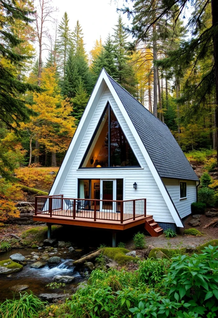 White A-frame cabin with large windows, raised wooden deck, and a stream below.