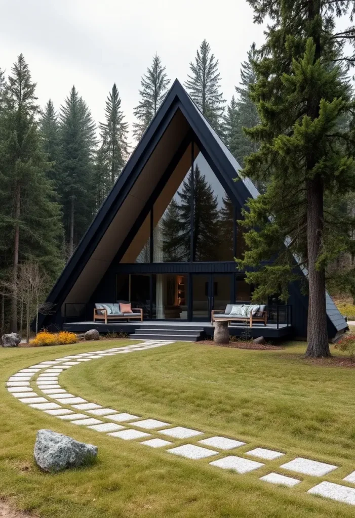 Black A-frame cabin with glass front, stone pathway, and forest surroundings.