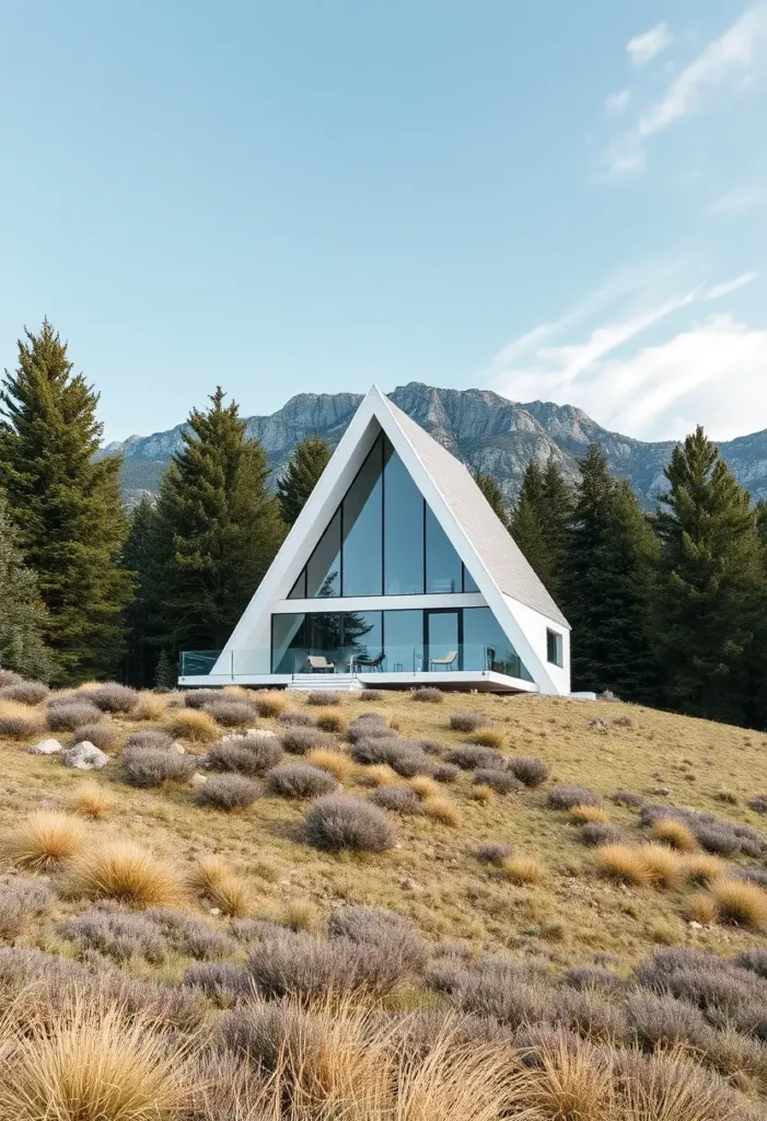 White A-frame cabin with glass front and mountain backdrop surrounded by wild grass.