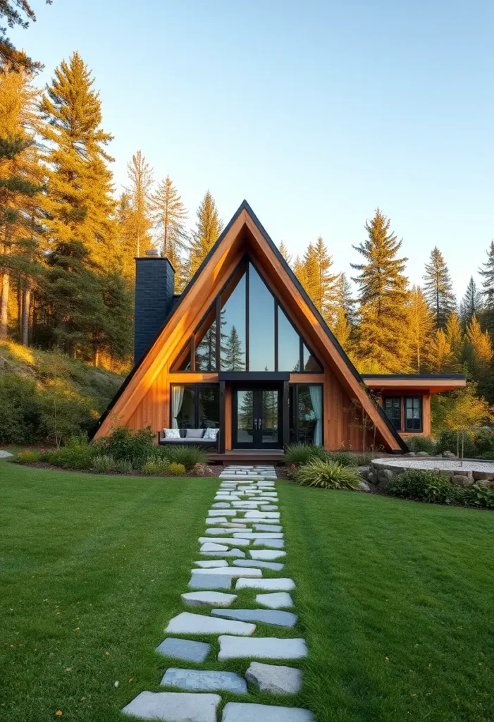 Timber A-frame cabin with glass facade, stone pathway, and vibrant forest surroundings at sunset.