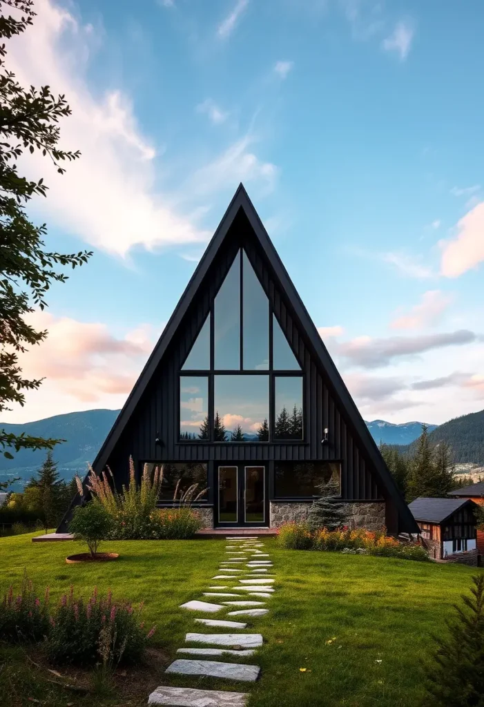 Black A-frame cabin with glass facade, stone accents, and mountain backdrop surrounded by greenery.