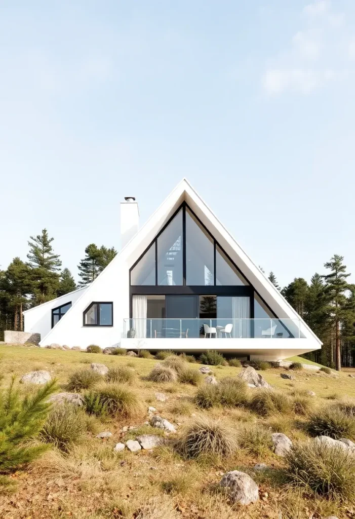 White A-frame cabin with glass balcony and floor-to-ceiling windows, surrounded by rocky hillside and natural greenery.