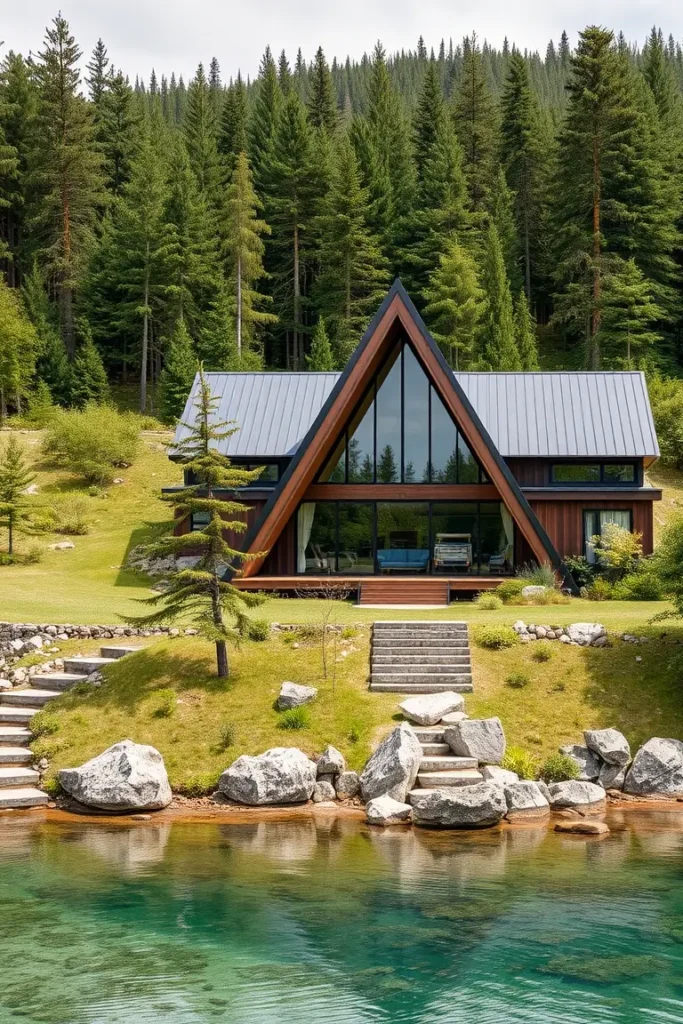 Wooden A-frame cabin with glass front, nestled by a lake with stone steps and lush greenery.