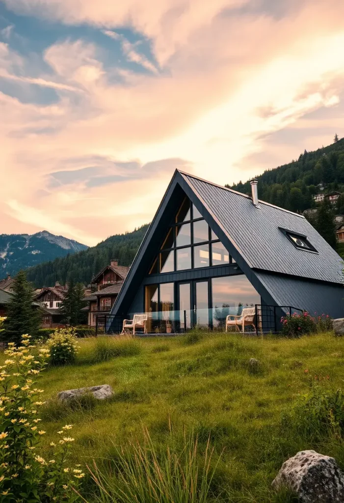 Black A-frame cabin with glass walls and balcony, surrounded by lush greenery and mountain views at sunset.